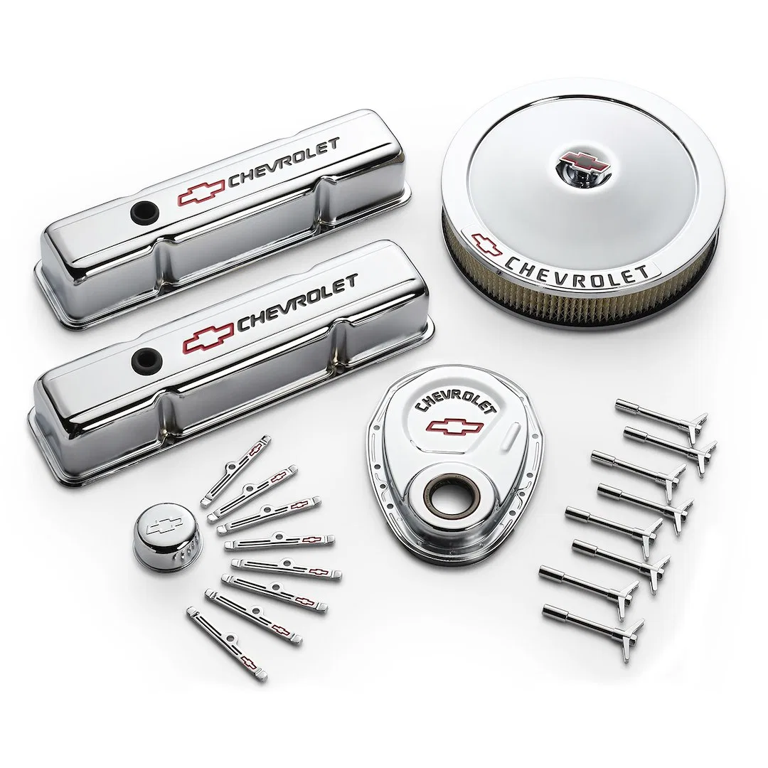 141-900 – PROFORM Engine Dress Up Kit, For Use With Small Block Chevy Chrome Steel With 2 Tall Baffled Bowtie Valve C...
